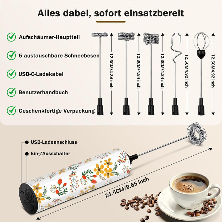 Milchschäumer Elektrisch USB-C mit 5 Wechselbaren Edelstahl-Schneebesen–2 Einstellbare Geschwindigke