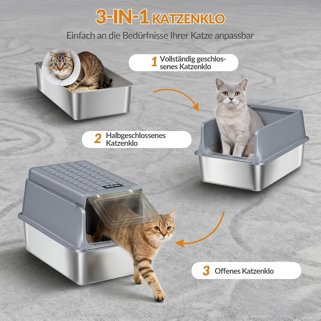 Edelstahl-Katzenklo mit Deckel, XXL Geschlossene Metall-Katzenklo, Katzentoiletten mit Schaufel und