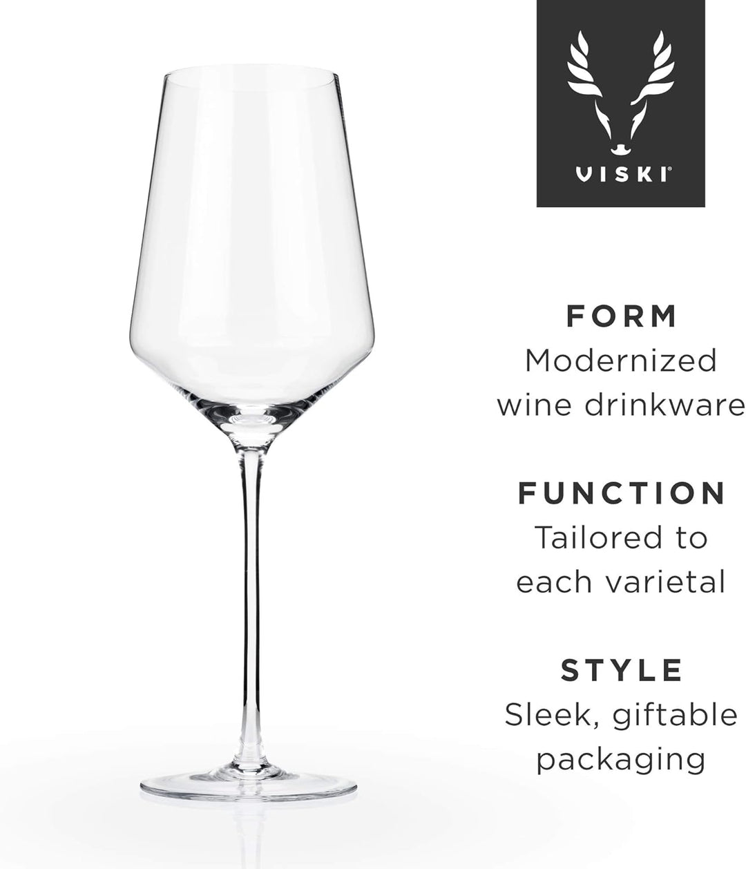 Viski Set of 3, Lead-Free Premium Crystal Clear Glass Modern Stemmed, Flat Bottom, Red Wine Gift, 16