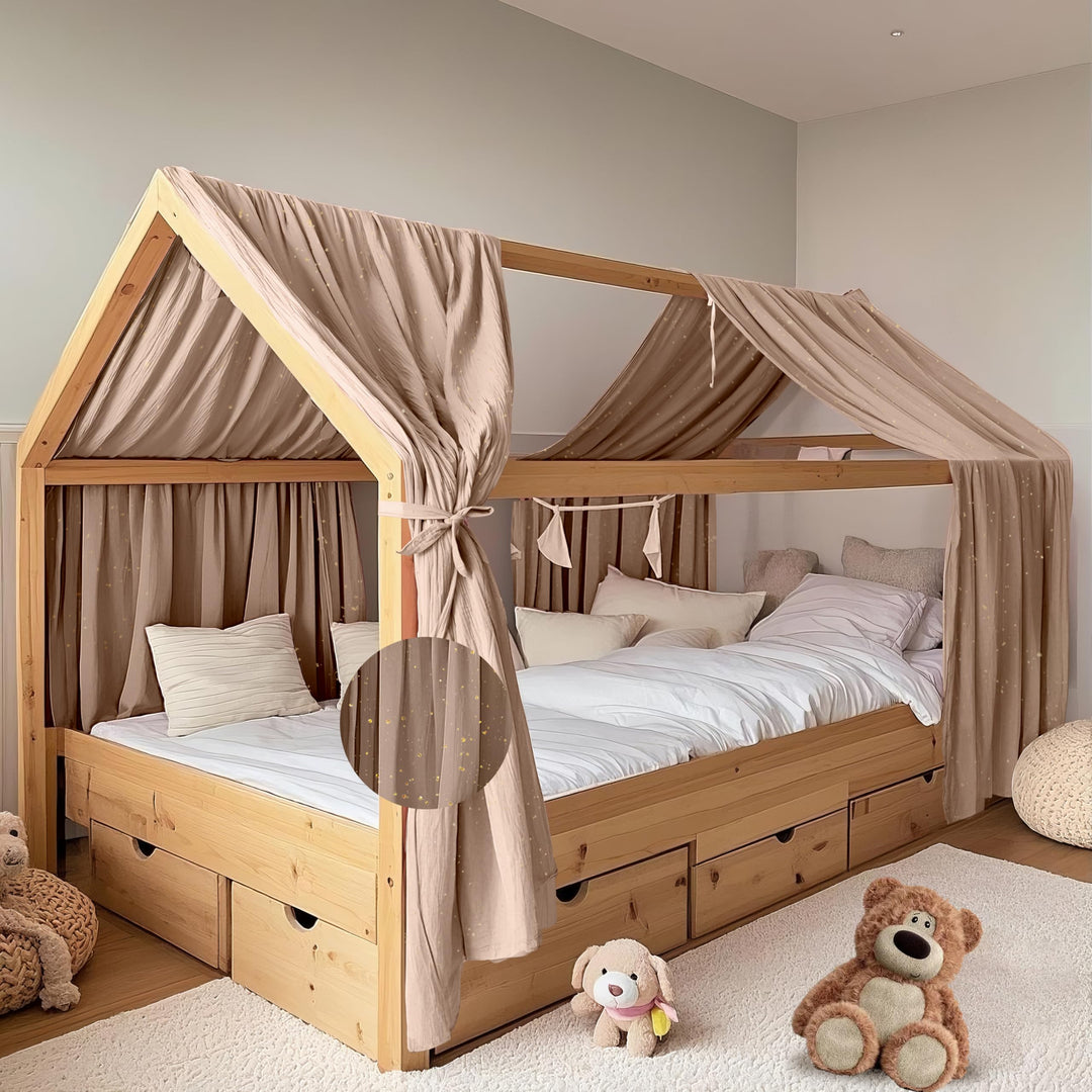 Hausbett Himmel mit Gold Applikation 2 Stück, handgefertigt aus 100% Baumwoll-Musselin, Stoffhimmel
