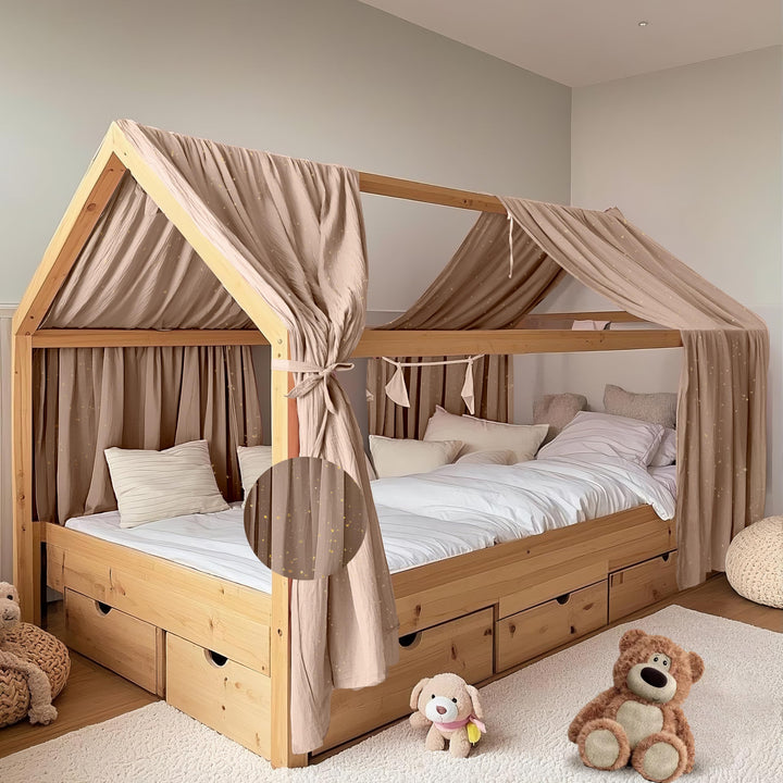 Hausbett Himmel mit Gold Applikation 2 Stück, handgefertigt aus 100% Baumwoll-Musselin, Stoffhimmel