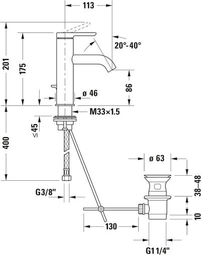 Duravit C.1 Waschtischarmatur, Grösse M (Auslauf Höhe 86 mm). Wasserhahn Bad mit Zugstangen-Ablaufga