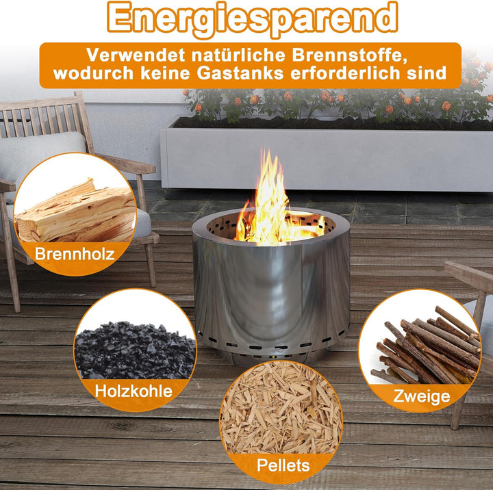 49cm Feuerschale Edelstahl Outdoor, Rauchfreie Feuerstelle für den Garten, Tragbarer Feuerkorb und F