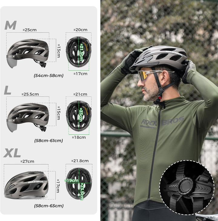 ROCKBROS Fahrradhelm MTB Rennrad Radhelm Integriert mit Abnehmbaren Magnet Brillen Visier Grösse Ver