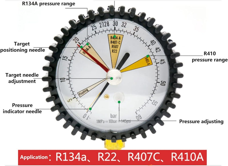 Artillery Klimaanlage Manometer,1/4 SAE Inch Klimaanlagen Kühlung Stickstoffdrucktest Manometer,80mm