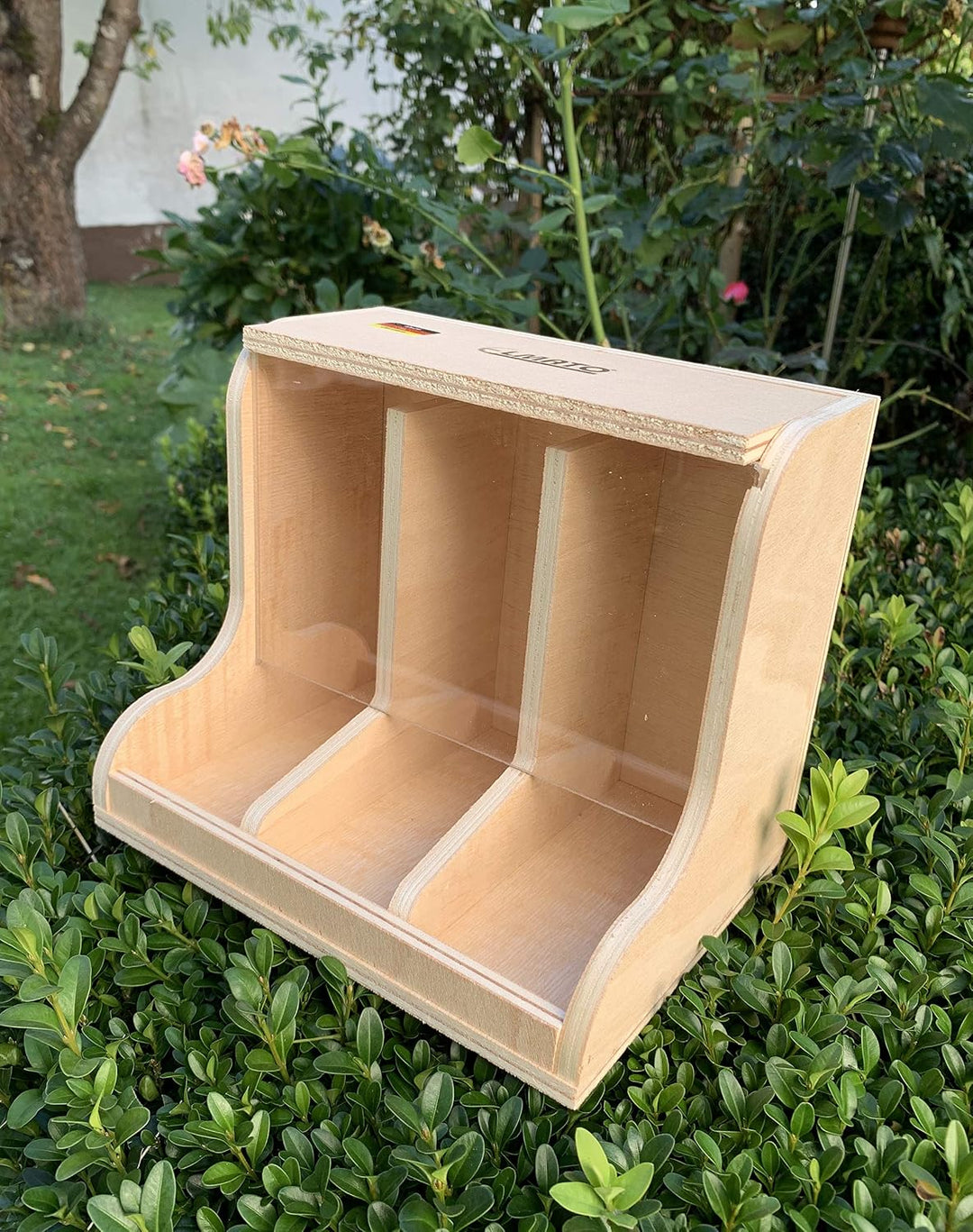 10474 Futterbar, Körnerteiler 3-Fach Holz/Glas
