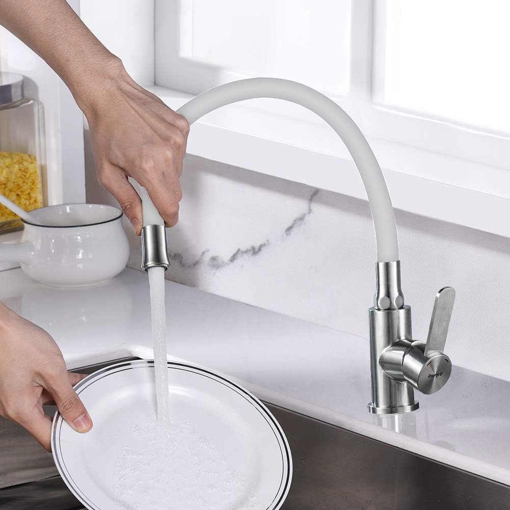Ibergrif, Einhebel Küchenarmatur, Wasserhahn für Küche mit Weiss Flexibler Auslauf, Supersteel, Weis