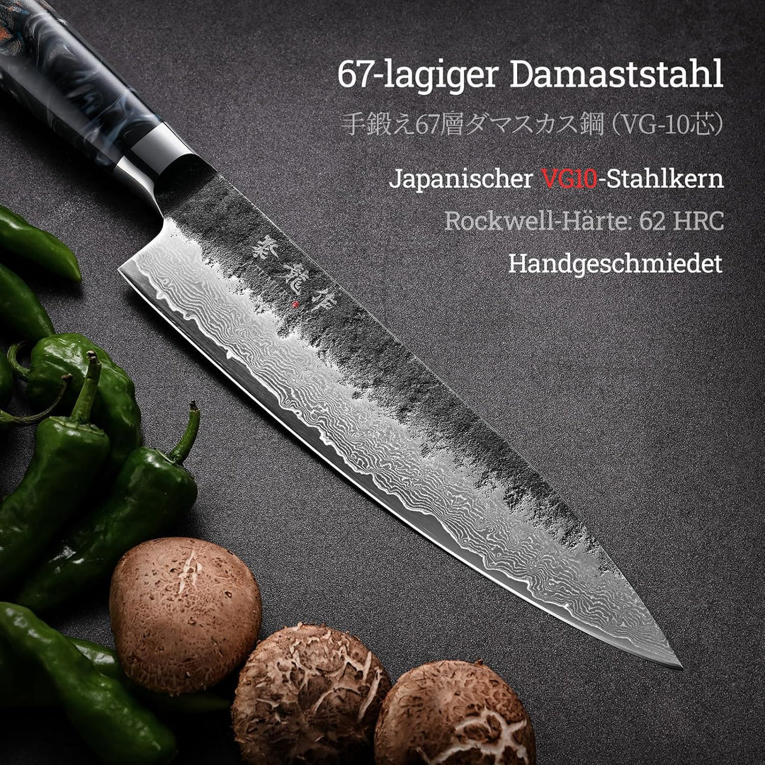 Japanisches Kochmesser, 20 cm Damaststahl mit VG10-Kern, schwarz geschmiedet, ergonomischer Griff, m