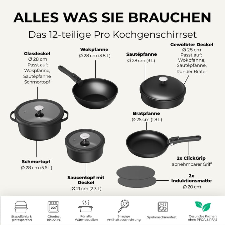 Pro Topf und Pfannenset 12-teilig Induktion, Abnehmbarer Griff, Stapelbar, Platzsparend, Backofenfes