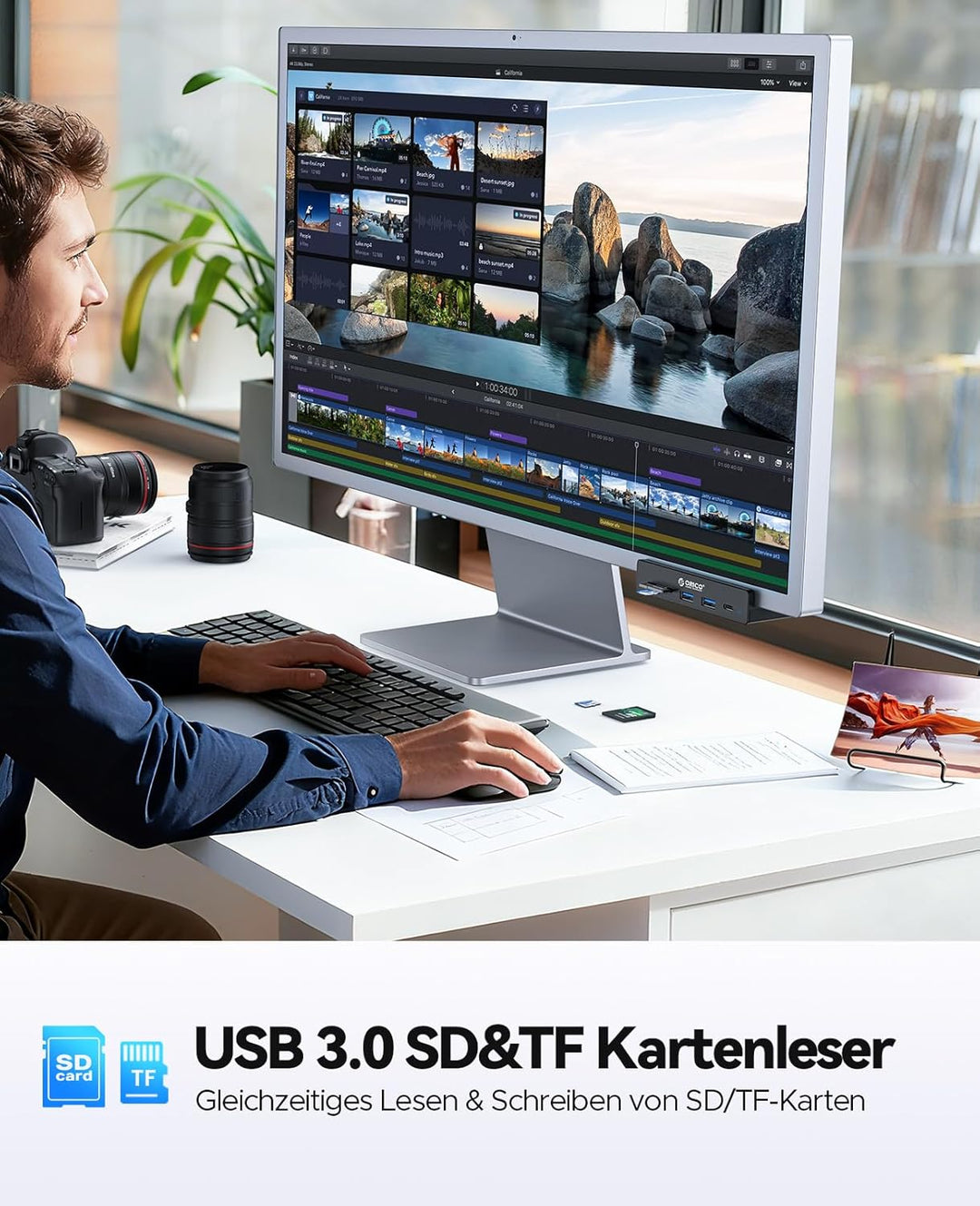 ORICO USB Hub 3.2, Aluminum USB-Hub und 5V Stromversorgung, 10 Gbit/s 3 Port s USB Verteiler, SD/TF