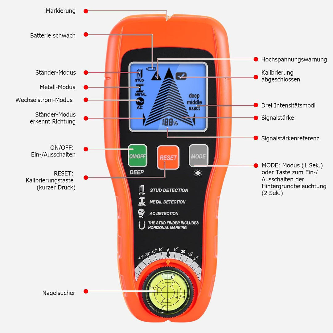 ARCELI 7-in-1 Leitungssuchgerät Leitungssucher Wandscanner mit 3 Holz-Modi,Metall,AC,Wasserwaage + N