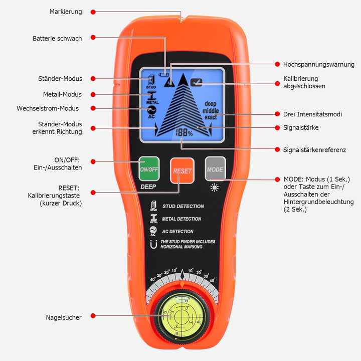 ARCELI 7-in-1 Leitungssuchgerät Leitungssucher Wandscanner mit 3 Holz-Modi,Metall,AC,Wasserwaage + N