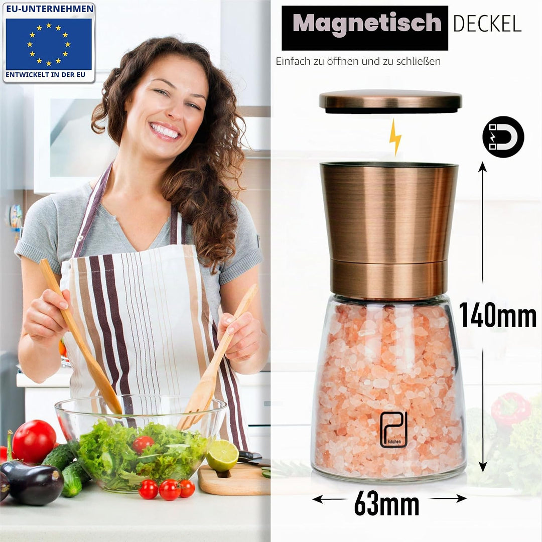 Premium Salz- und Pfeffermühle-Set - Beste kupferfarbige Edelstahl-Mühle, Handliche Magnetdeckel, Ke