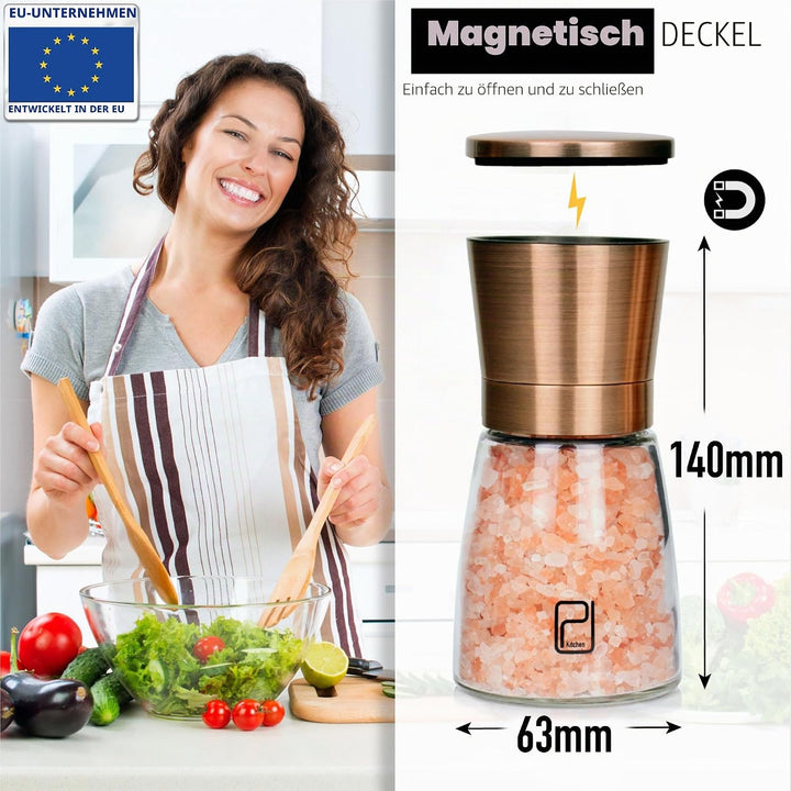 Premium Salz- und Pfeffermühle-Set - Beste kupferfarbige Edelstahl-Mühle, Handliche Magnetdeckel, Ke