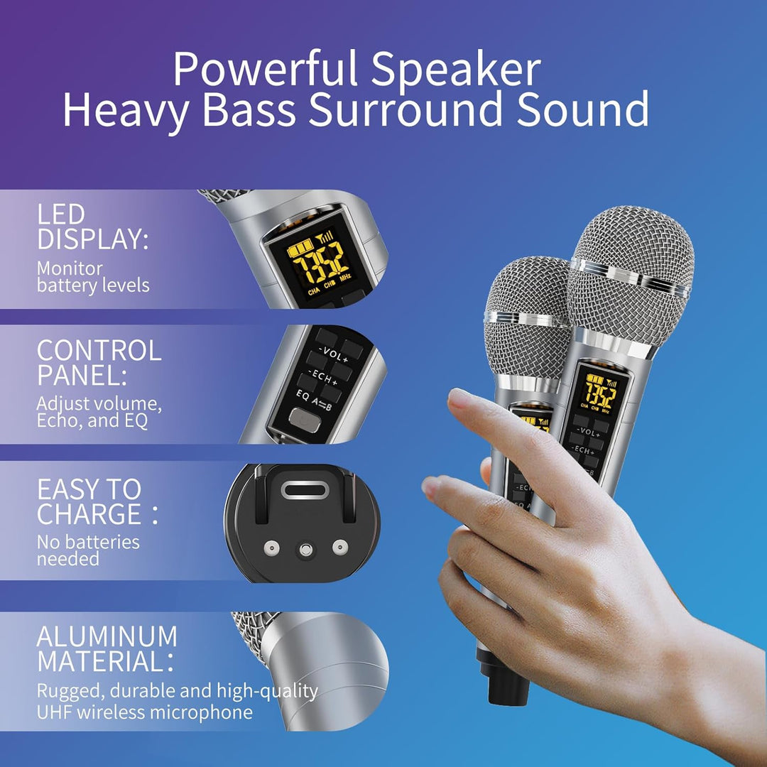 Tragbarer Karaoke Maschine,Karaoke mit 30W Bluetooth Lautsprecher,2 Kabellosen Karaoke-MikrofonWiede