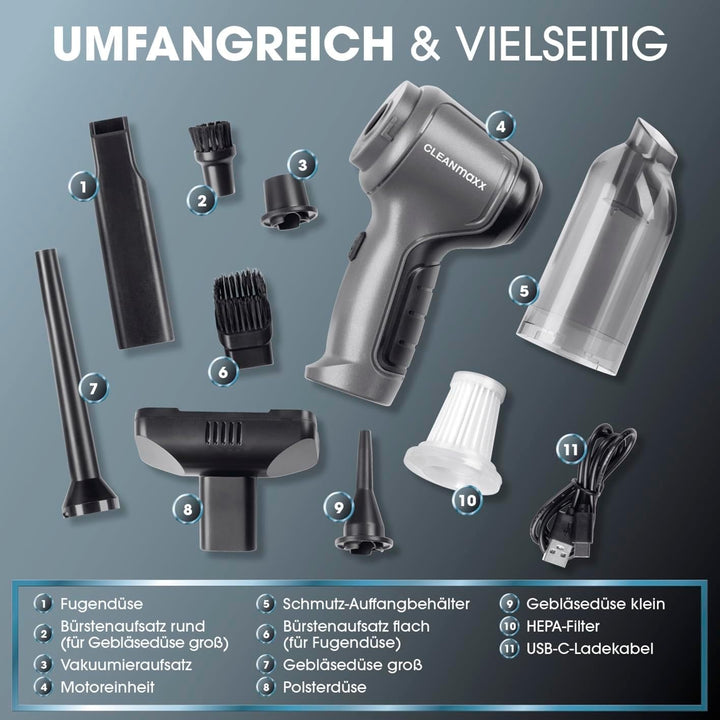 CLEANmaxx Akku Handstaubsauger | Staubsauger kabellos mit Saug-, Gebläse- und Vakuumierfunktion | Ha
