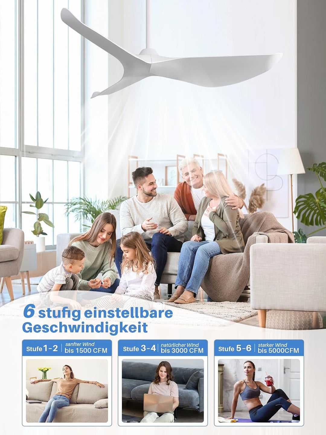 Sofucor Deckenventilator mit Fernbedienung, 97cm Deckenventilator für Schlafzimmer, 3 Flügeln, 6 Ges