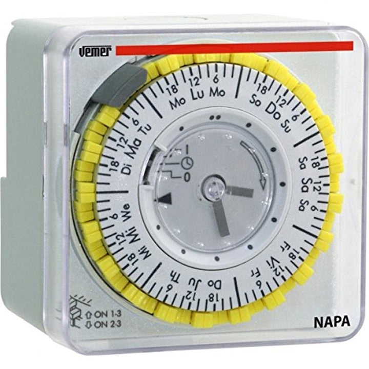VEMER VP885800 NAPA W - Elektromechanisch Zeitschaltuhr mit Steckreitern mit Wochenprogrammrung, Sch