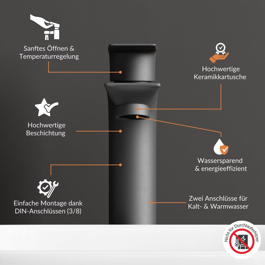 Planetmöbel Waschtischunterschrank 50 cm Anthrazit mit Armatur Schwarz mit Wasserhahn Schwarz matt A