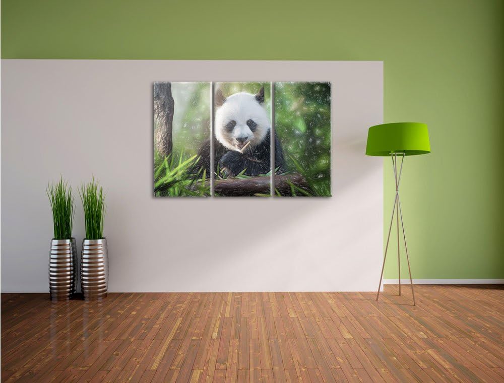 Pixxprint Niedlicher Panda isst Bambus als Leinwandbild/Grösse: 3 Teilig (120x80) / Wandbild/Kunstdr