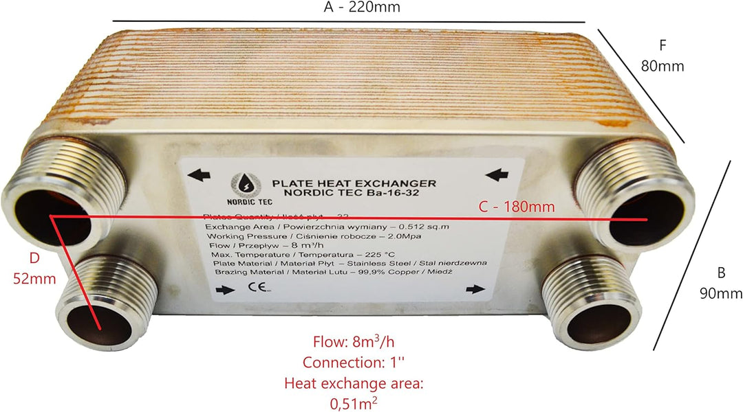 Edelstahl Plattenwärmetauscher Nordic Tec Ba-16-32 Wärmetauscher 32 Platten 130kW 1” mit Isolierung
