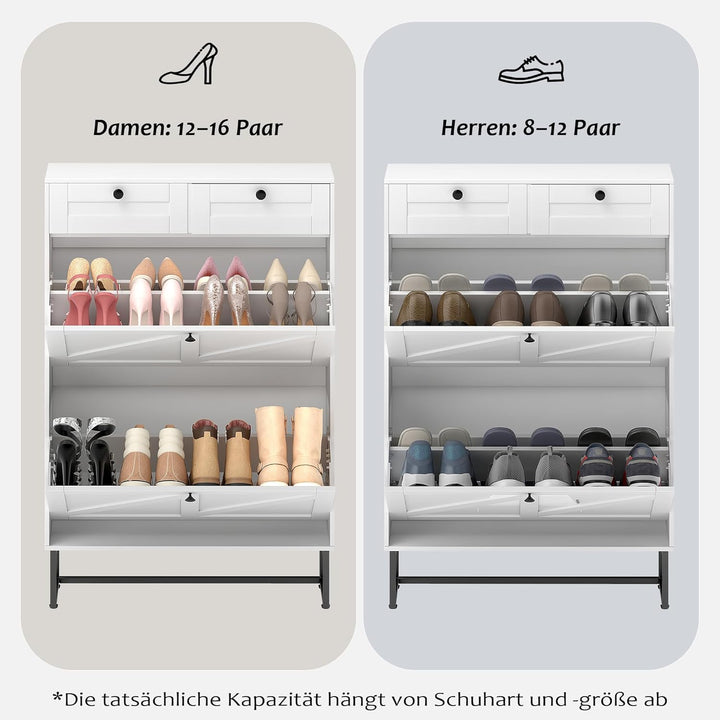 4 Ebenen Schuhschrank mit 2 Klappen und 2 Schubladen, Schmaler Schrank mit anpassbarem Fach und Umki