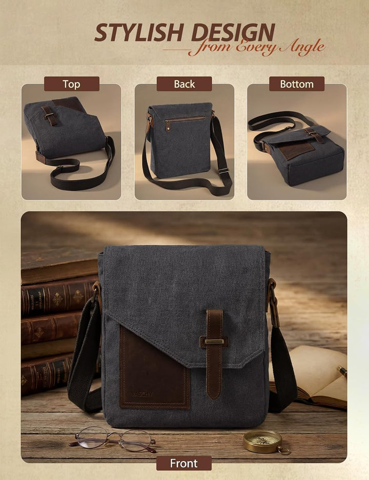 VASCHY Klein Umhängetasche Herren, Vintage Leinwand Herrentasche Echtes Leder Schultertasche Klassis