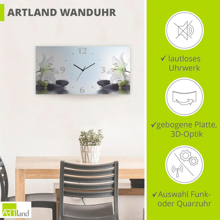 ARTLAND Wanduhr ohne Tickgeräusche Alu Funkuhr 60x30 cm Rechteckig Lautlos Blumen Lilien Spa Steine