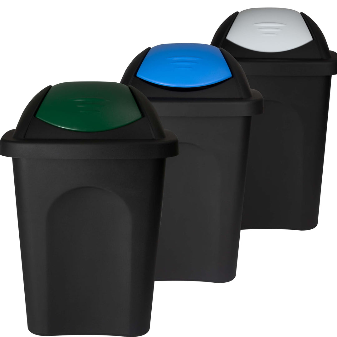 3x Schwingdeckel Mülleimer 30l blau grün weiss, Gelber Sack Mülleimer Küche, Mülleimer 3 Fächer, Mül