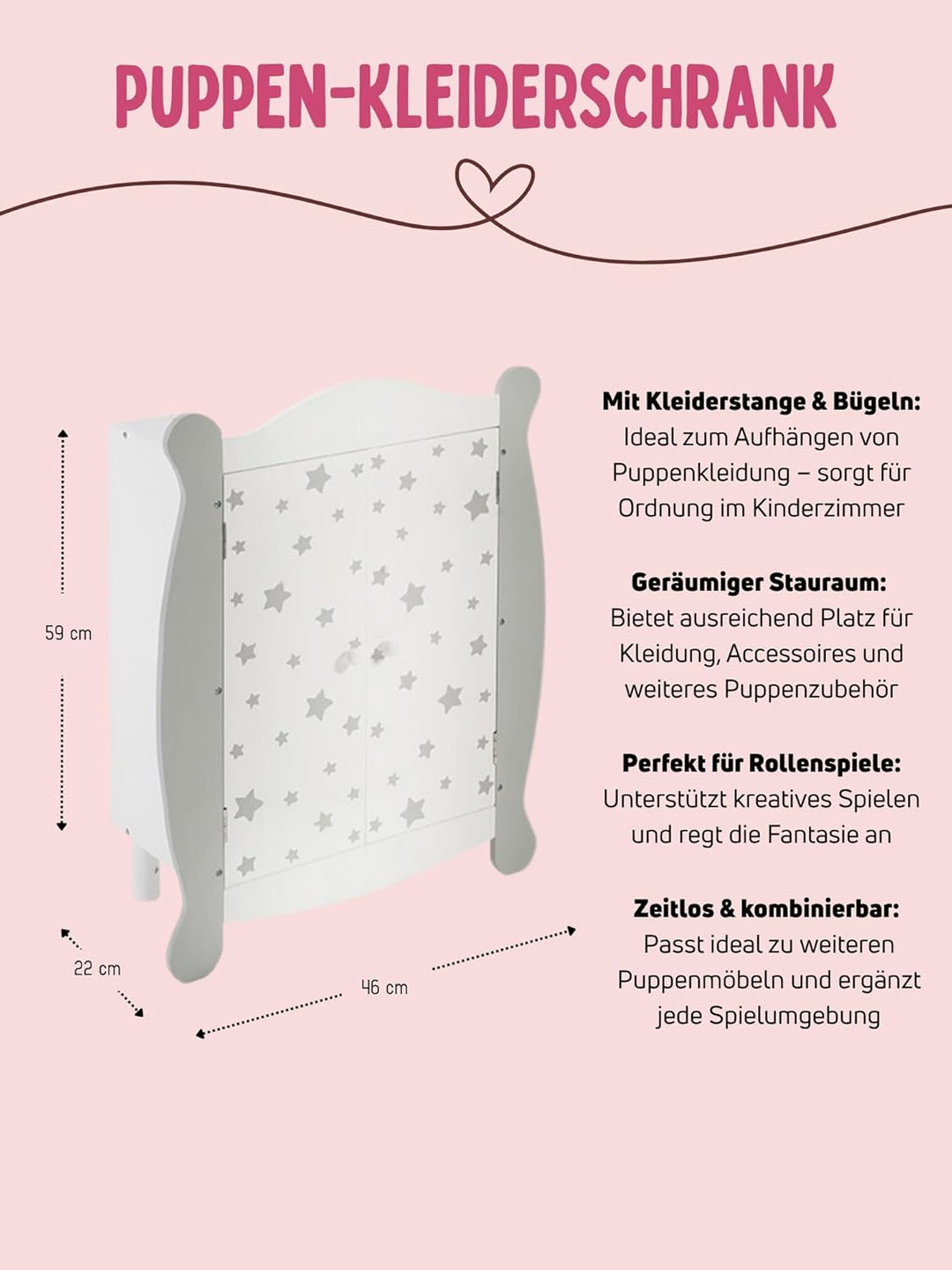 Bayer Chic 2000 - Puppenkleiderschrank mit Kleiderstange und Kleiderbügel, Puppenschrank, Puppenmöbe