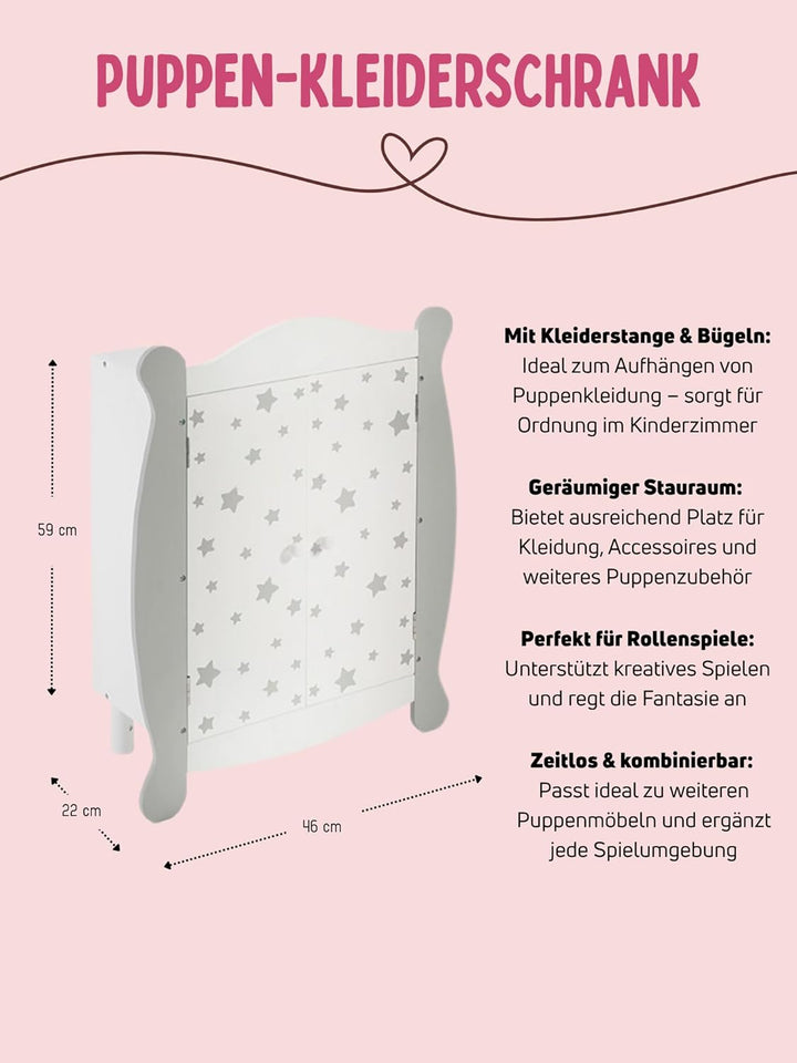 Bayer Chic 2000 - Puppenkleiderschrank mit Kleiderstange und Kleiderbügel, Puppenschrank, Puppenmöbe