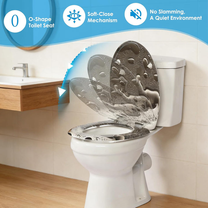 Duroplast-Toilettensitz, O-förmiger Toilettendeckel mit Soft-Close-Mechanismus, Edelstahlscharnier,