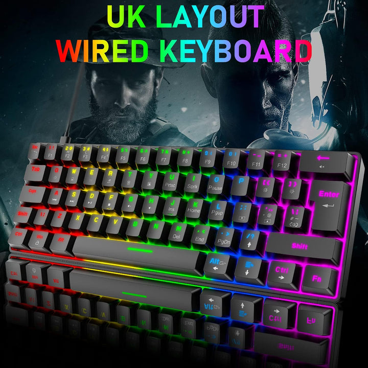 Mini 60% Gaming-Tastatur Kabelgebundene mechanische Keyboard, Kompakte Tragbare 62 Tasten, UK-Layout