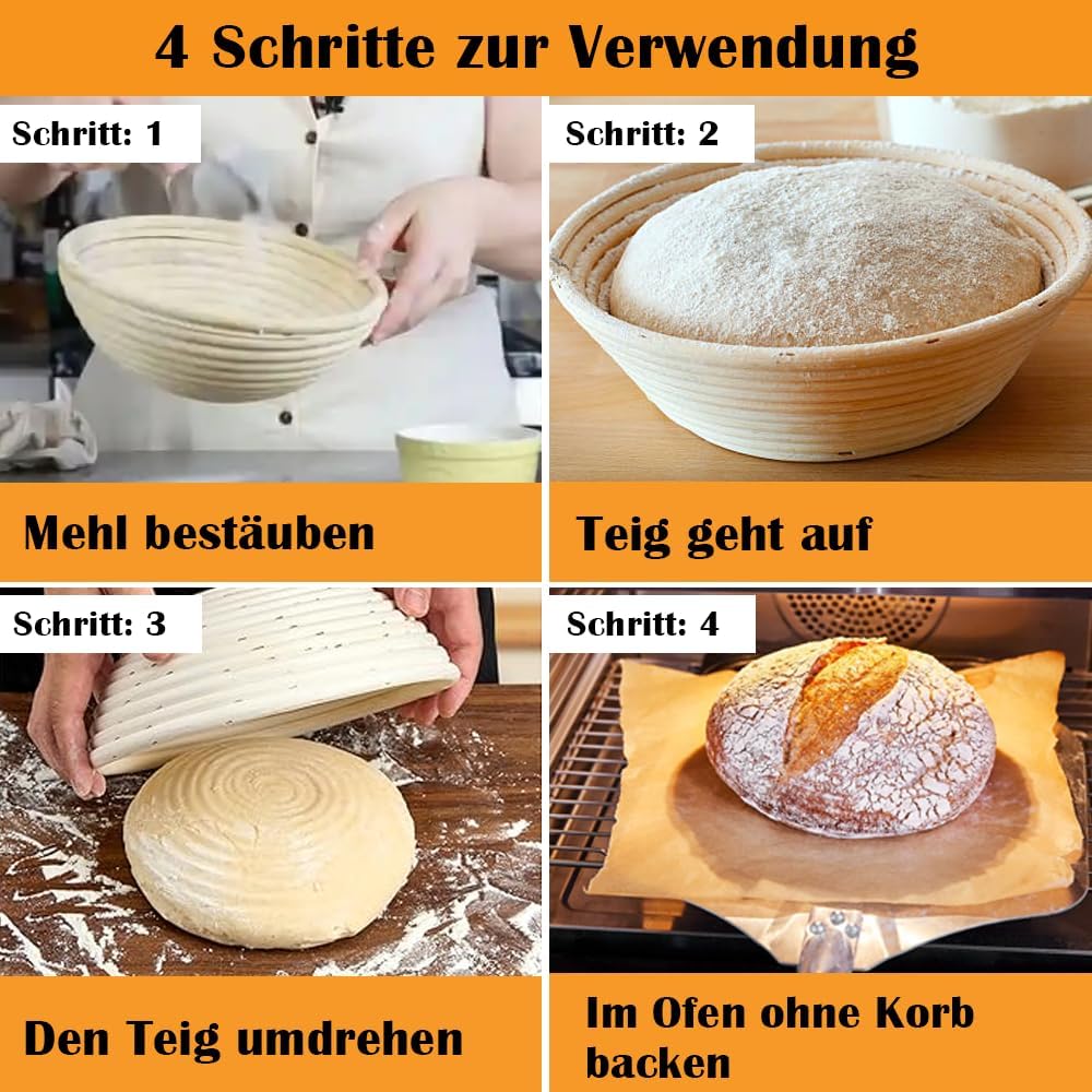 Premium Gärkörbchen Set für Perfektes Brotbacken – Inklusive Rundes Brotkorb Gärkorb 23cm aus Rattan