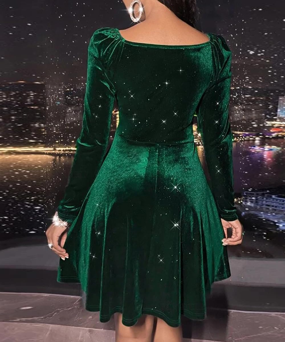 Damen Samtkleid Elegant Abendkleid Langarm Cocktailkleid Rundhals Kleid Bodycon festliches Partyklei