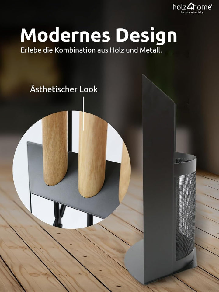 holz4home® Kaminbesteck 6-tlg. Schwarz mit Holzgriff inkl. Ofenhandschuh hitzebeständig I Kaminset K