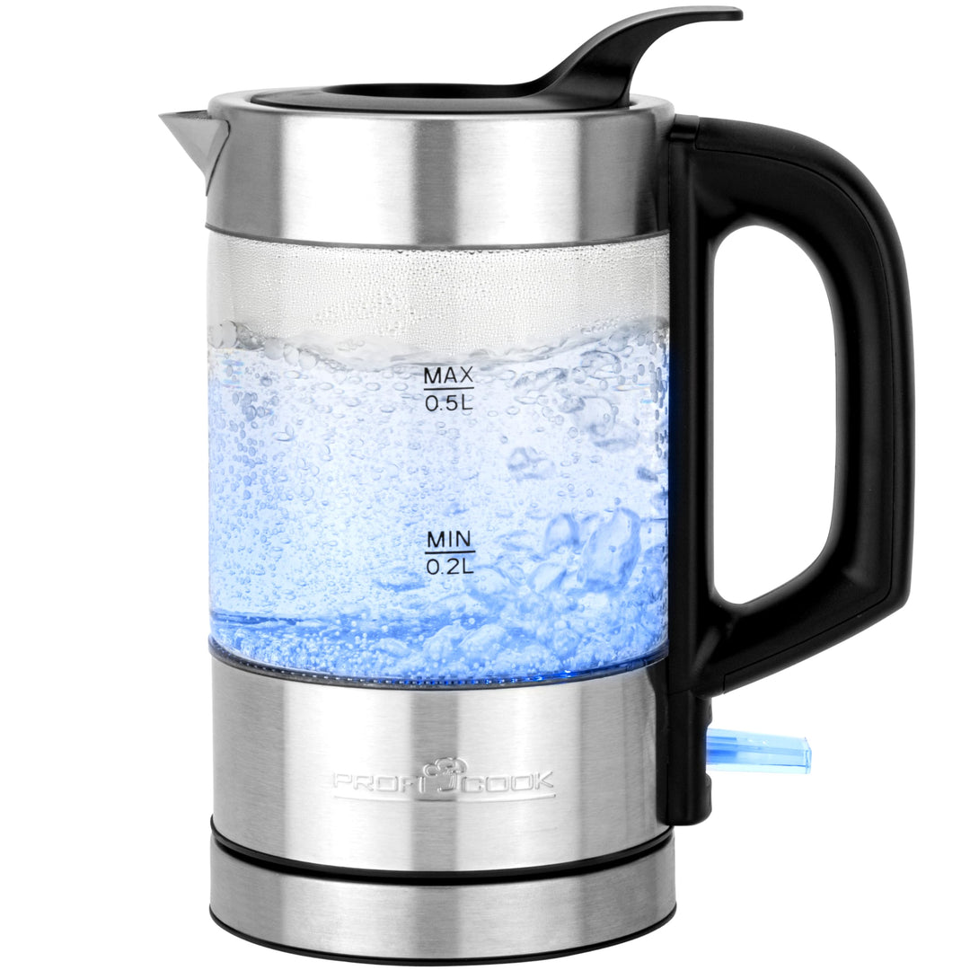 ProfiCook Wasserkocher Edelstahl beleuchtet, 0,5 Liter Mini Wasserkocher mit blauer Beleuchtung, Tee