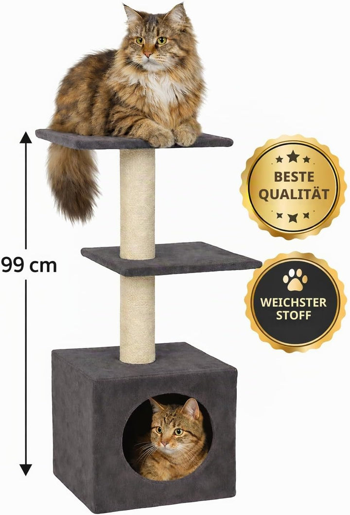 Kratzbaum – Charmaine Grau – 99 cm – Weicher Plüsch 200 g/m² – Jute-Kratzseile Ø 8 cm – Gepolsterte