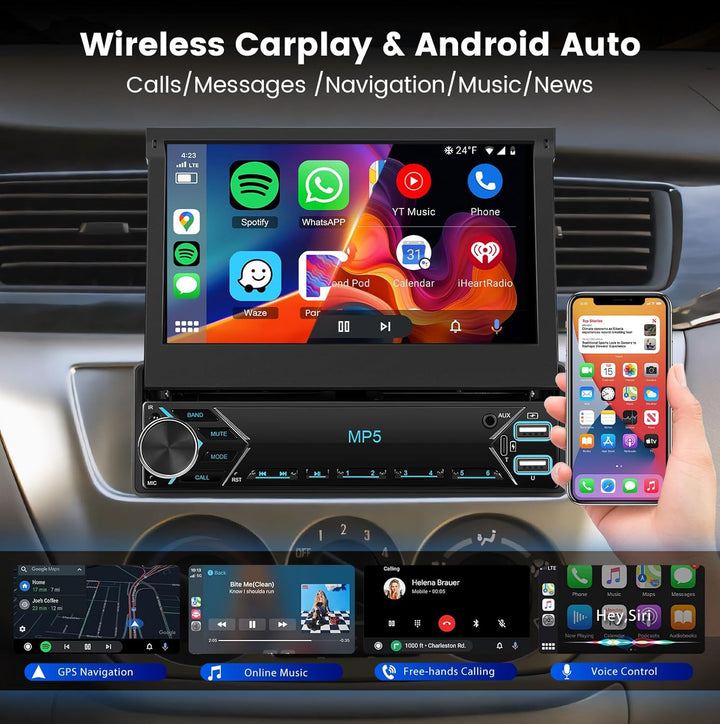 Hodozzy Autoradio 1 Din mit Wireless CarPlay Android Auto, 7 Zoll Ausfahrbarem Touchscreen Bluetooth