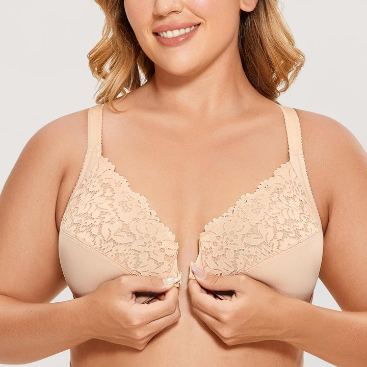 DELIMIRA Damen Vorderverschluss BH mit Bügel Vollständige Abdeckung Grosse Grössen 75B Beige, 75B Be
