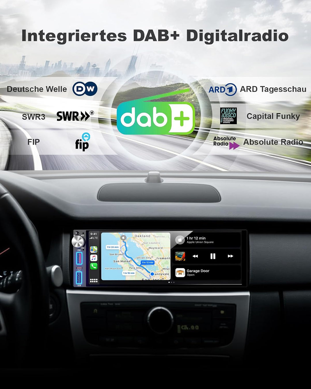 DAB/DAB+ 6,8 Zoll 1 DIN HD Autoradio mit Drahtlosem CarPlay &amp; Android Auto, Type-C Schnellladung, DS