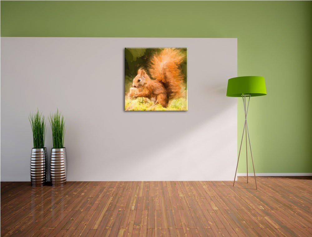 Pixxprint Eichhörnchen mit Nuss als Leinwandbild/Grösse: 70x70 cm/Wandbild/Kunstdruck/fertig bespann