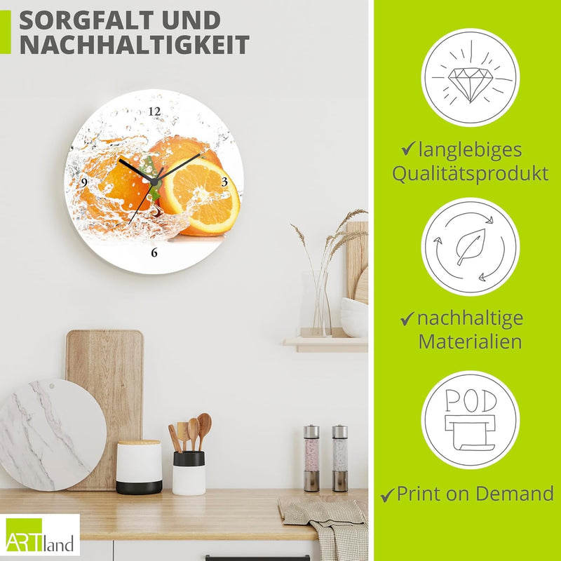 ARTLAND Wanduhr ohne Tickgeräusche Glas Quarzuhr Ø 30 cm Rund Lautlos Obst Früchte Orange im Wasser