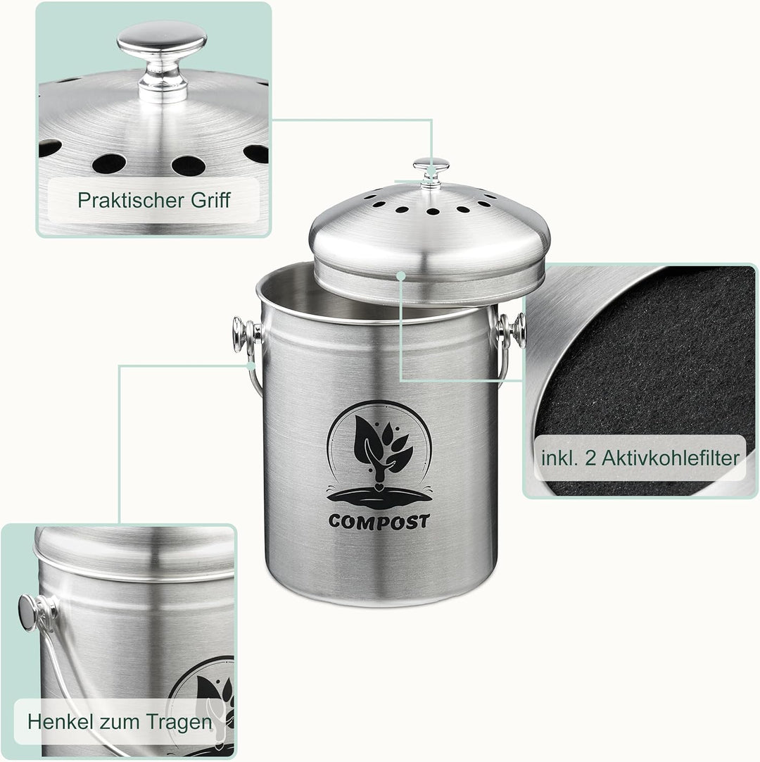 Relaxdays Komposteimer Küche, 5 l, Kleiner Mülleimer, Deckel und Geruchsfilter, Abfalleimer Biomüll,