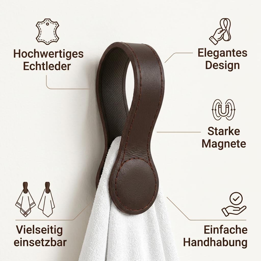 4 Stück Magnet Handtuchhalter aus Leder (Braun), Braun
