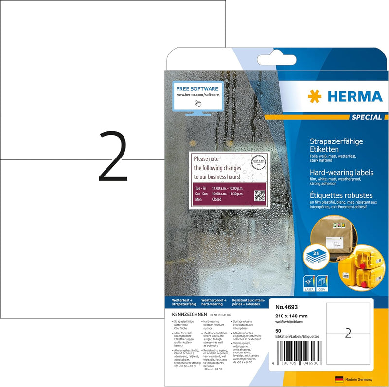 HERMA 4693 Wetterfeste Folienetiketten, 25 Blatt, 210 x 148 mm, 2 Stück pro A4 Bogen, 50 Aufkleber,