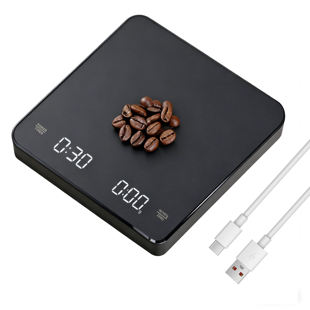 Kaffeewaage mit Timer, 3kg/0.1g Wiederaufladbare Digitale Küchenwaage, Tragbar mit LED-Anzeige & Aut
