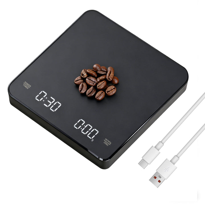 Kaffeewaage mit Timer, 3kg/0.1g Wiederaufladbare Digitale Küchenwaage, Tragbar mit LED-Anzeige & Aut