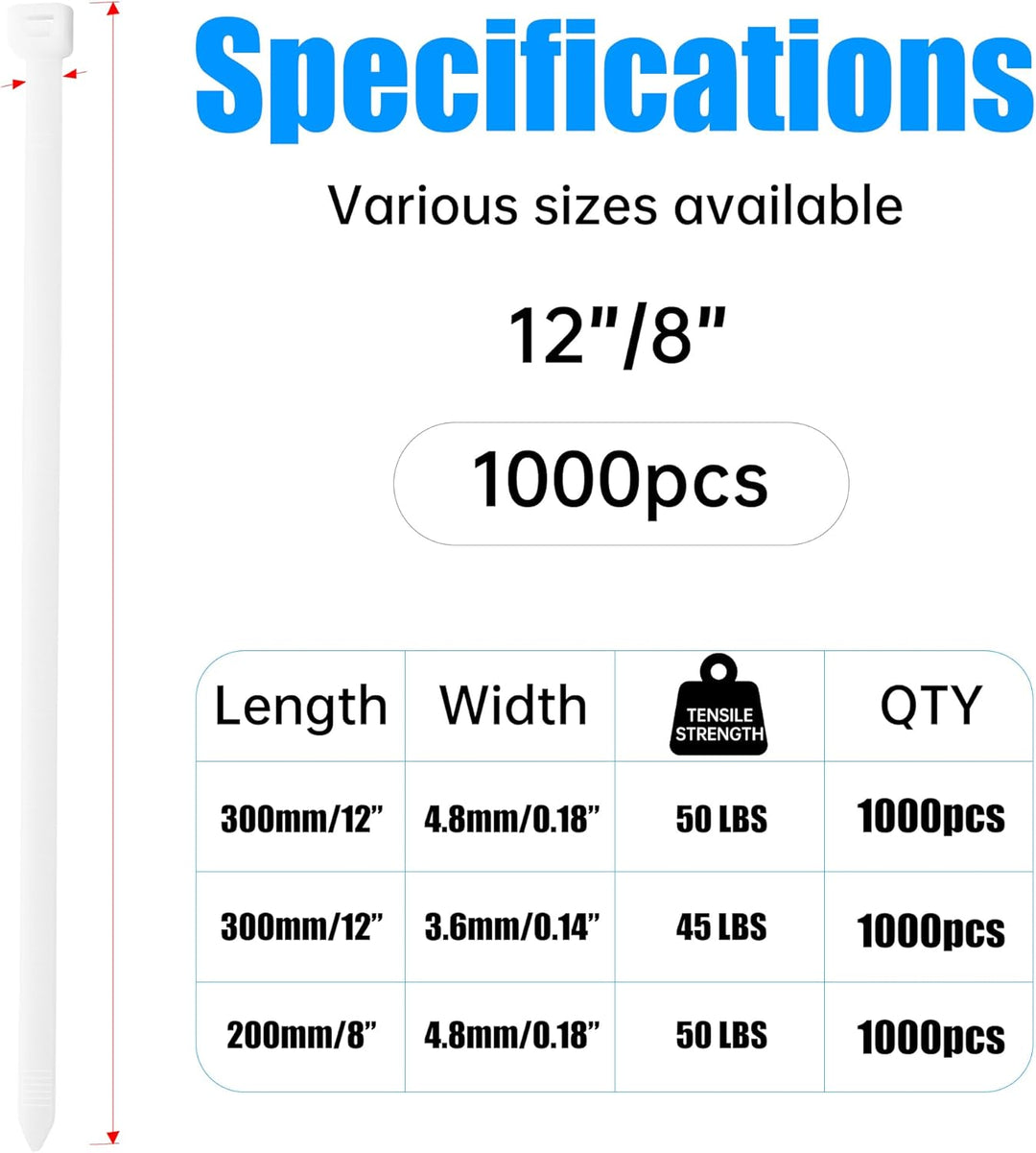 1000 Stück Kabelbinder, UV-Beständig, 23kg Zugfestigkeit - Ideal für Kabelmanagement, Garten, Wohnen