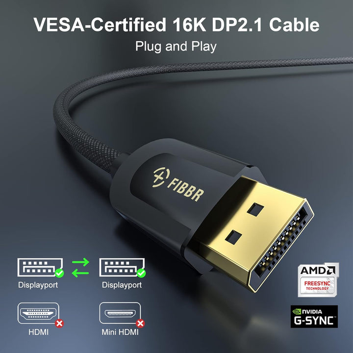 FIBBR VESA-Zertifiziert 16K DisplayPort 2.1 Kabel 2M, 40Gbit/s DP zu DP Kabel(16K@30Hz, 10K@30Hz, 8K
